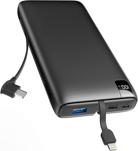 Portable Charger 27000mAh with Built in Cables, 22.5W Fast Charging USB C Power Bank, 4 Outputs 2 Inputs External Battery Pack Phone Charger for iPhone, Samsung, Tablets and More (Black)