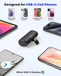 5000mAh Small Portable Charger, Ultra-Compact USB C Power Bank Built in Connector Battery Pack Compatible with iPhone 15/15 Plus/15 Pro/15 Pro Max, Samsung, Google Pixel, Android Phone etc