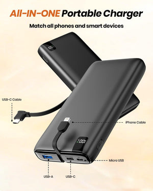 Portable Charger 27000mAh with Built in Cables, 22.5W Fast Charging USB C Power Bank, 4 Outputs 2 Inputs External Battery Pack Phone Charger for iPhone, Samsung, Tablets and More (Black)