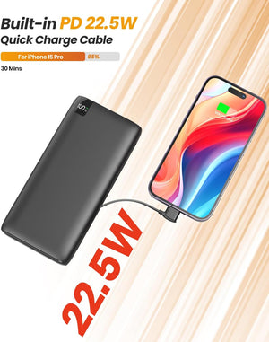 Portable Charger 27000mAh with Built in Cables, 22.5W Fast Charging USB C Power Bank, 4 Outputs 2 Inputs External Battery Pack Phone Charger for iPhone, Samsung, Tablets and More (Black)