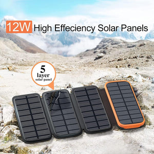 Solar Charger 27000mAh Power Bank with 4 Solar Panels & 3 USB Outputs, 3A Fast Charging Portable Charger USB C External Battery Pack Compatible with Smartphones Tablets