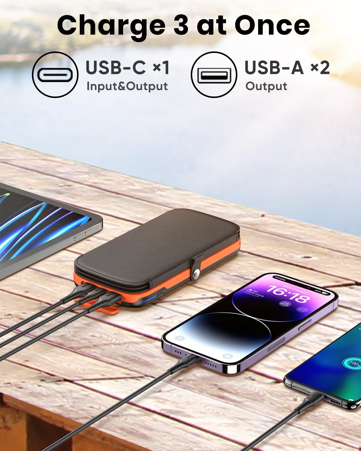 Solar Power Bank 10000mAh Built in 4 Panels 15W Fast Charging Solar Charger Outdoor Extenal Battery Pack for iPhone 15/15 Plus/15 Pro/15 Pro Max, iPhone 14/13 Series, Samsung Galaxy