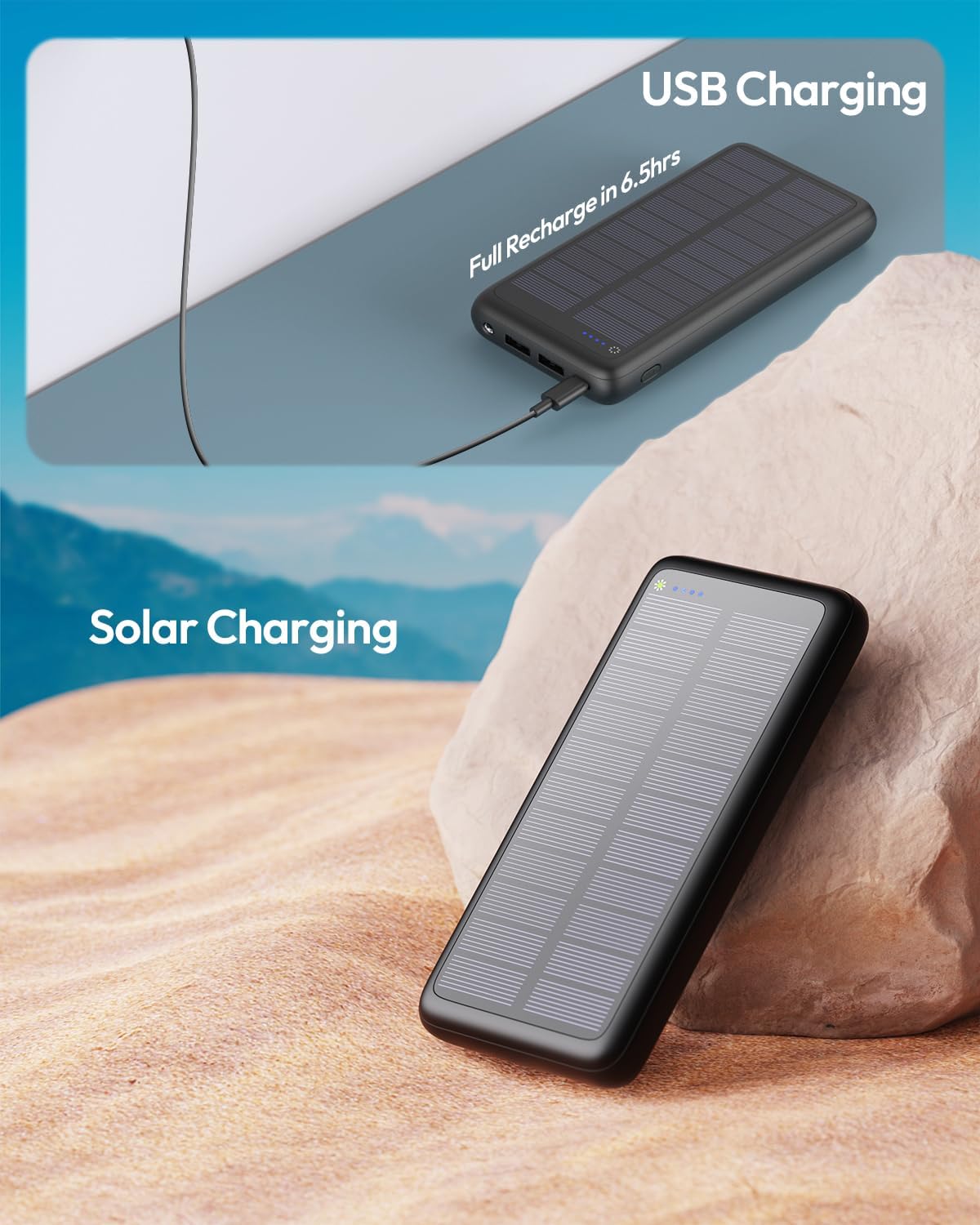 Solar Charger 27000mAh Power Bank 3A USB C Fast Charging Portable Solar Phone Charger Camping External Battery Pack with 3 Outputs for Cellphone Tablets