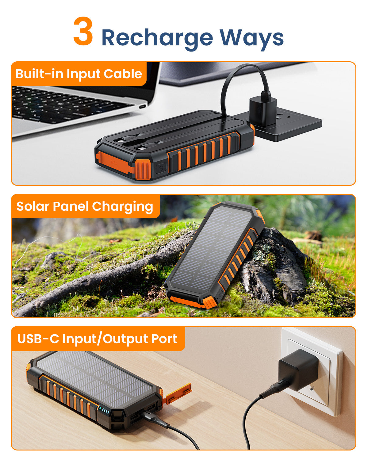 Solar Charger Power Bank 27000mAh Built in 3 Cables Five Outputs 15W Fast Charging Power Bank for All Mobile Devices Solar Portable Charger with Dual Flashlights