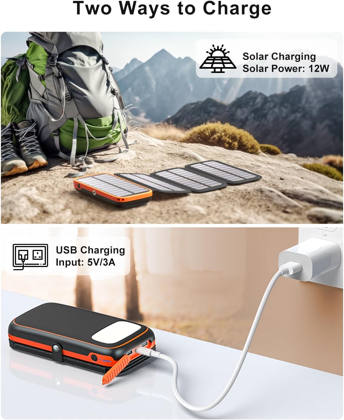 Solar Charger 27000mAh Power Bank with 4 Solar Panels & 3 USB Outputs, 3A Fast Charging Portable Charger USB C External Battery Pack Compatible with Smartphones Tablets