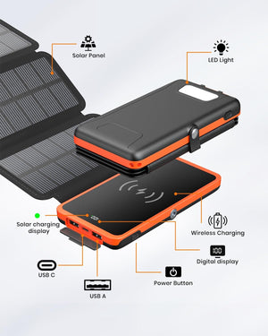 Solar Power Bank Wireless Charger 10000mAh Built in 3 Solar Panels Three Outputs 15W Fast Charging Solar Charger for iPhone 15/15 Plus/15 Pro/15 Pro Max, iPhone 14/13 Series, Samsung Galaxy